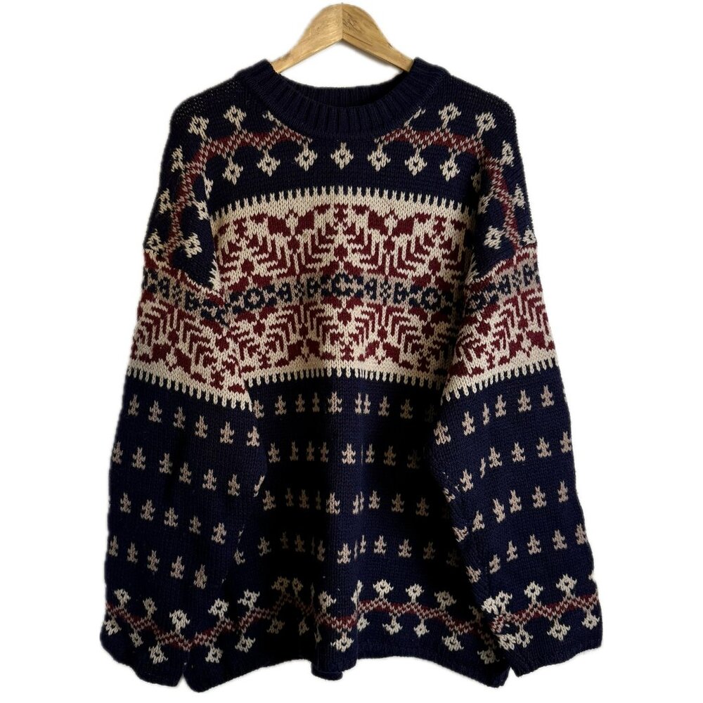 Vintage Sweater Men Large Navy Burgundy Cream 100% Wool Nordic FairIsle 90s Ski
